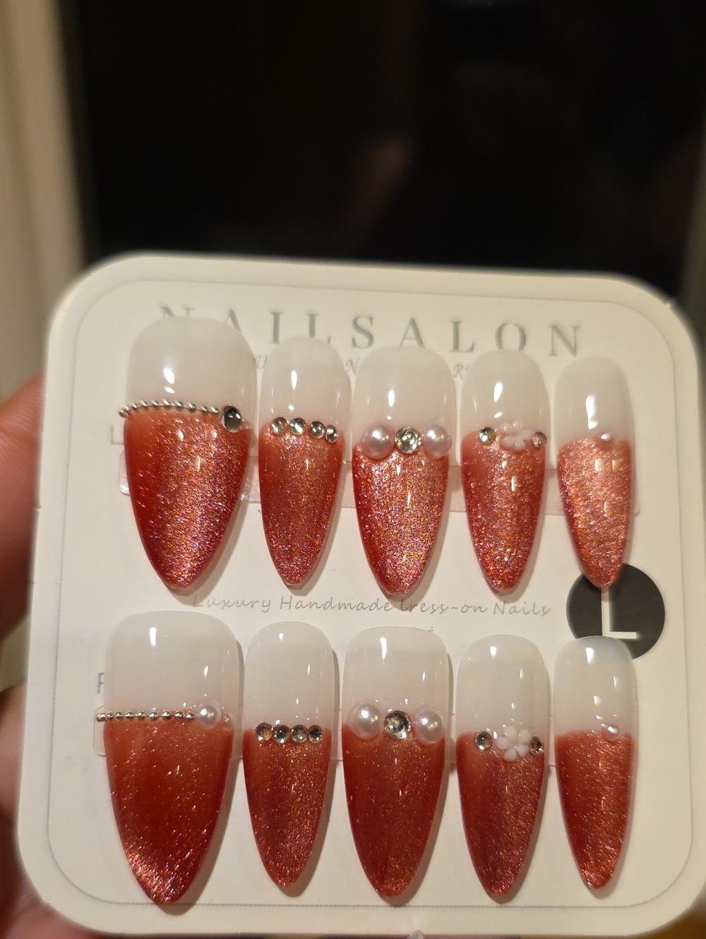Shimmery Copper-Pink French Tip Press-On Nail Set Size Large